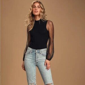Lulus Black Try To Keep Up Mesh Mock Neck Polka Dot Balloon Sleeve Top
